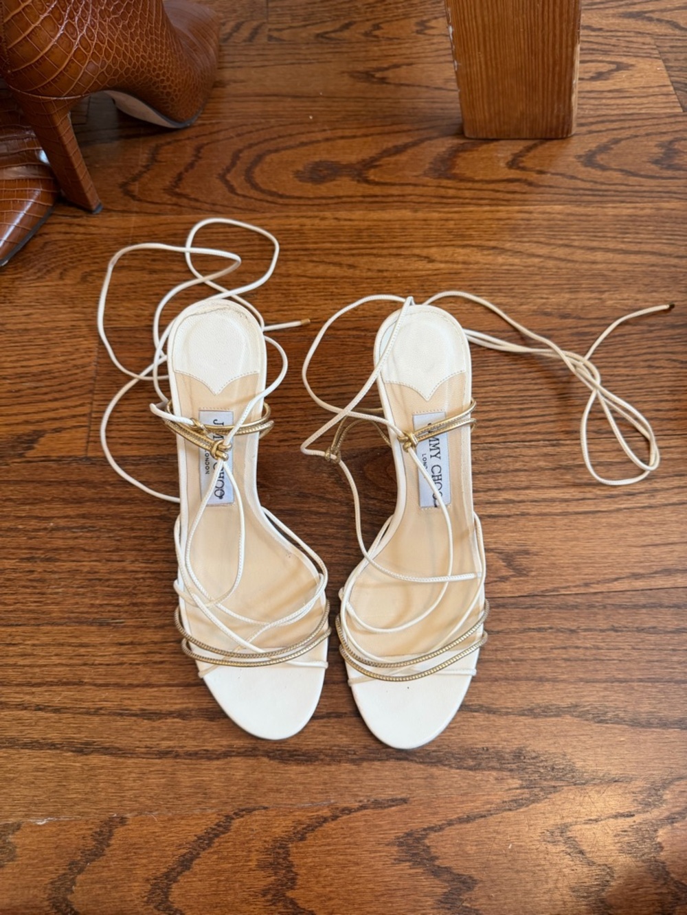 Jimmy Choo White and Gold Lace-Up Heeled Sandals